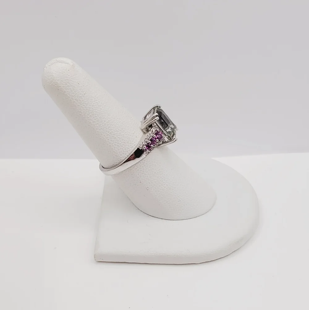 Emerald Cut Montezuma Prasiolite & Pink Tourmaline 925 Sterling Silver Ring